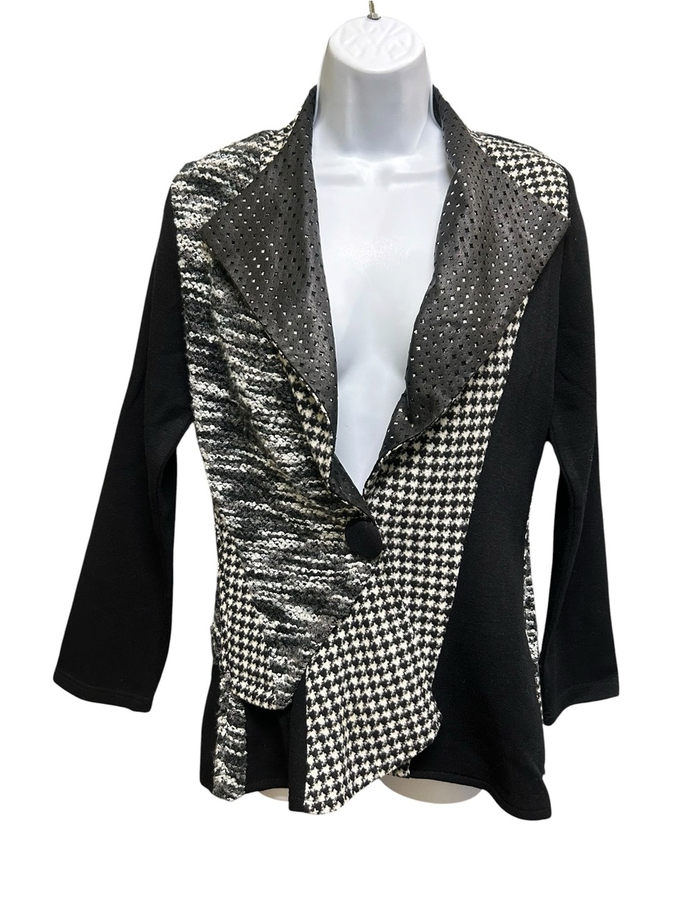 Minkas Black White Mixed Media Print Snap Front Blazer Jacket Size S